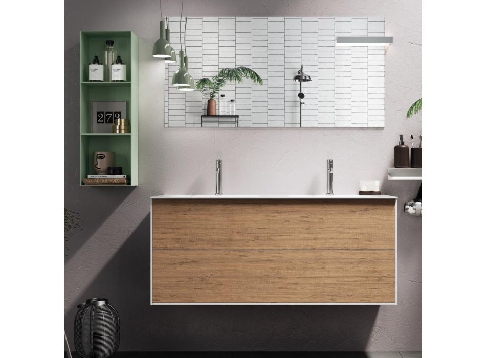 Badezimmerkomposition mit Sockel aus Honigeiche, Waschbecken und Spiegel, hergestellt in Italien – Kilos Viadurini