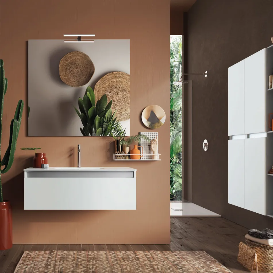 Badezimmerkomposition mit Hängesockel, Spiegel und Waschbecken Made in Italy – Dream Viadurini