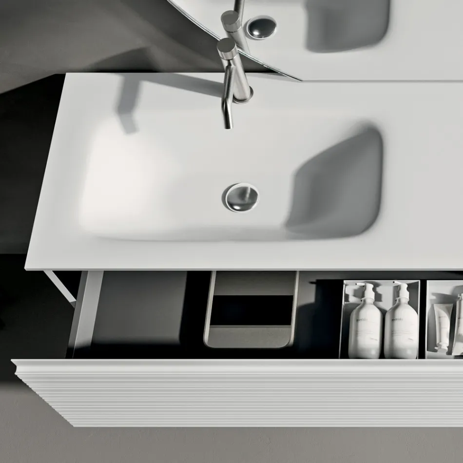 Badezimmer-Kombination mit Schubladen, Keramikwaschbecken und LED-Spiegel - Elios Viadurini