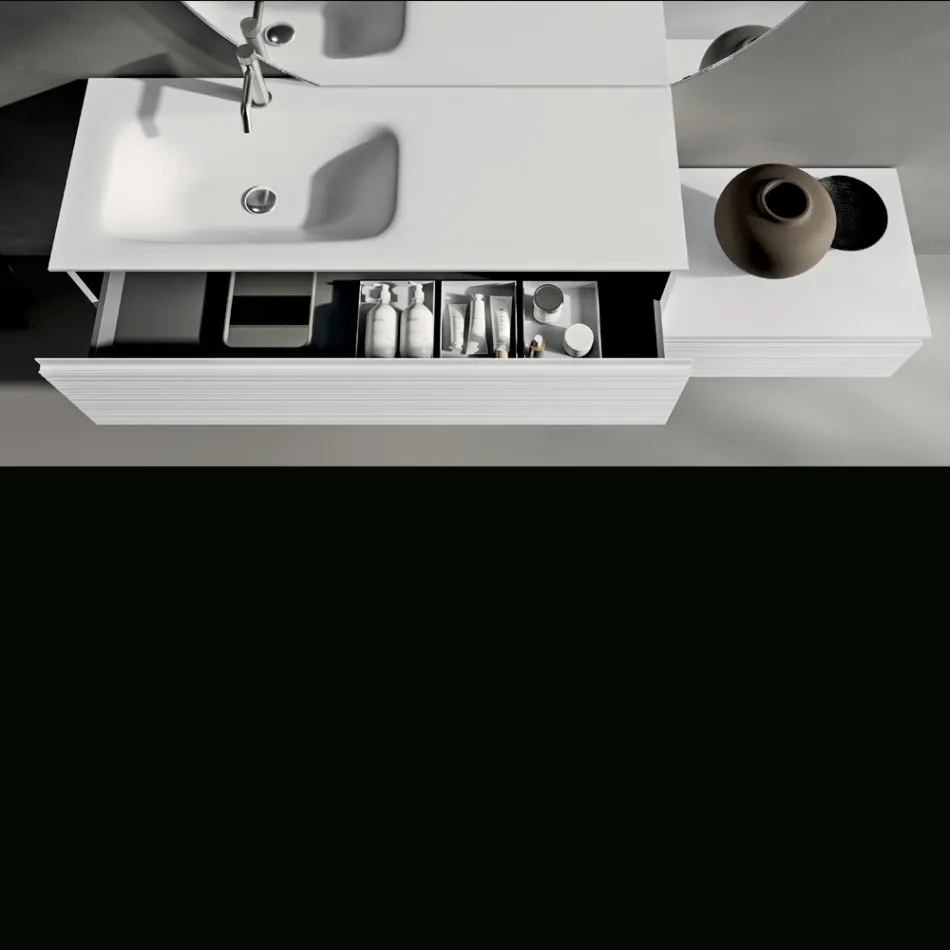 Badezimmer-Kombination mit Schubladen, Keramikwaschbecken und LED-Spiegel - Elios Viadurini