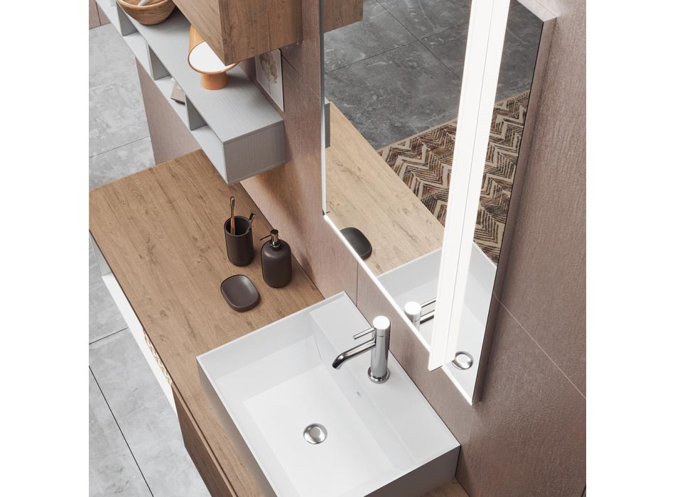 Badezimmerkomposition mit Spiegel mit integrierter Lampe, Waschbecken und Sockel – Dream Viadurini
