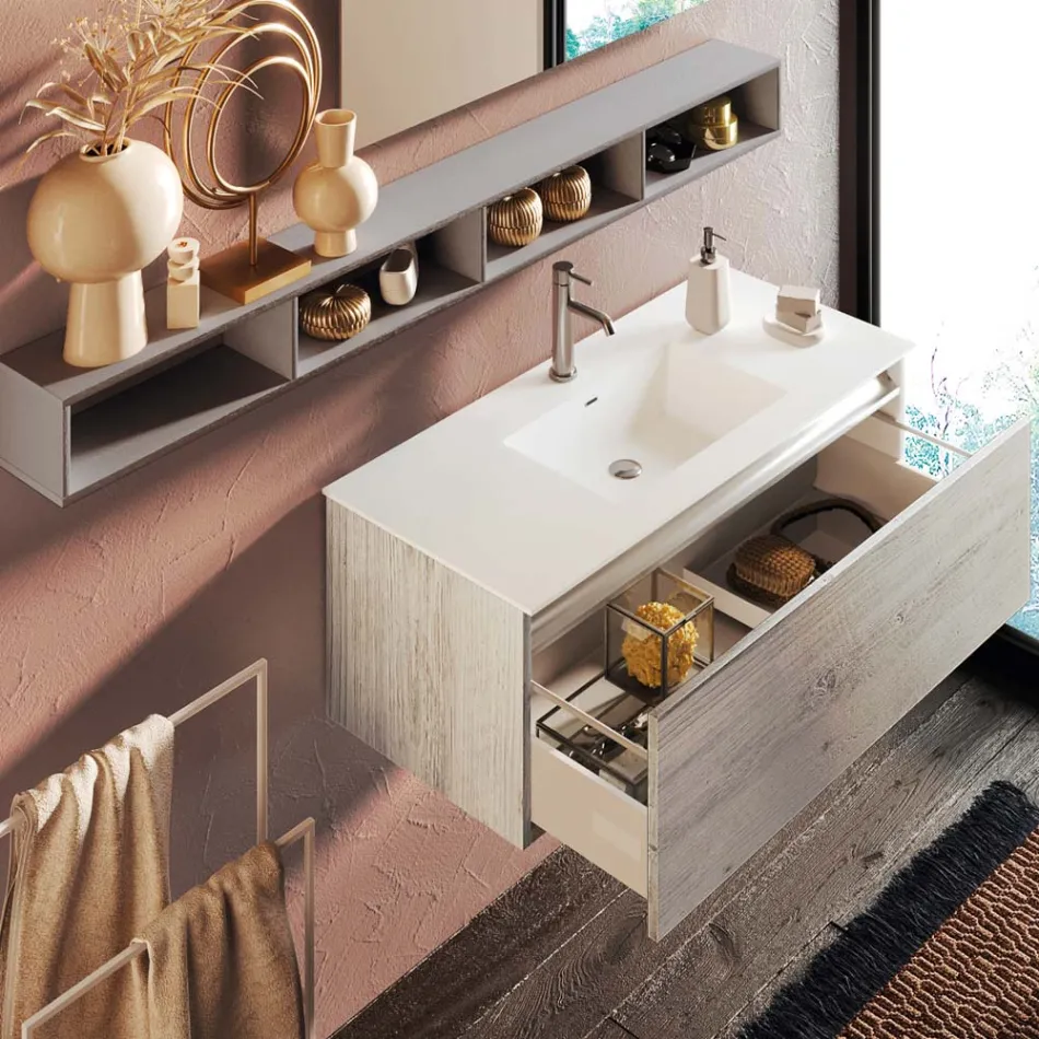 Badezimmerkomposition mit Spiegel und Lampe, kratzfester Sockel, hergestellt in Italien – Dream Viadurini