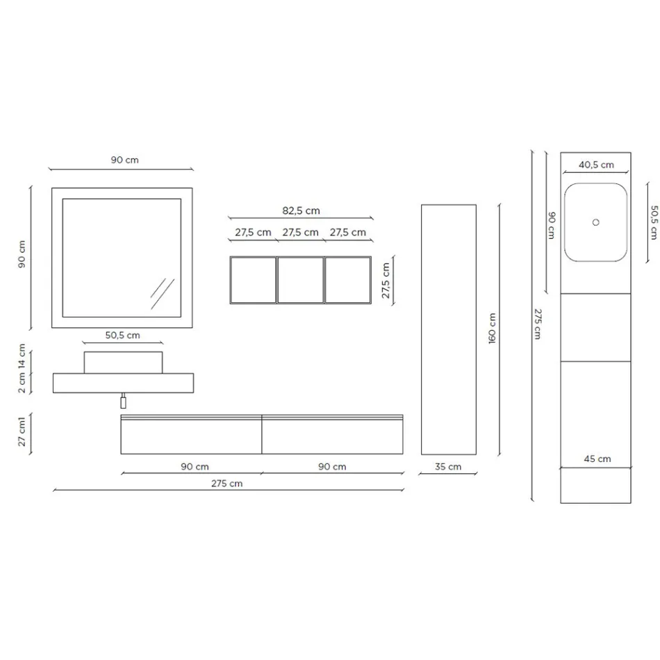 Badezimmerkomposition mit Spiegel und Keramikwaschbecken, hergestellt in Italien – Palom Viadurini