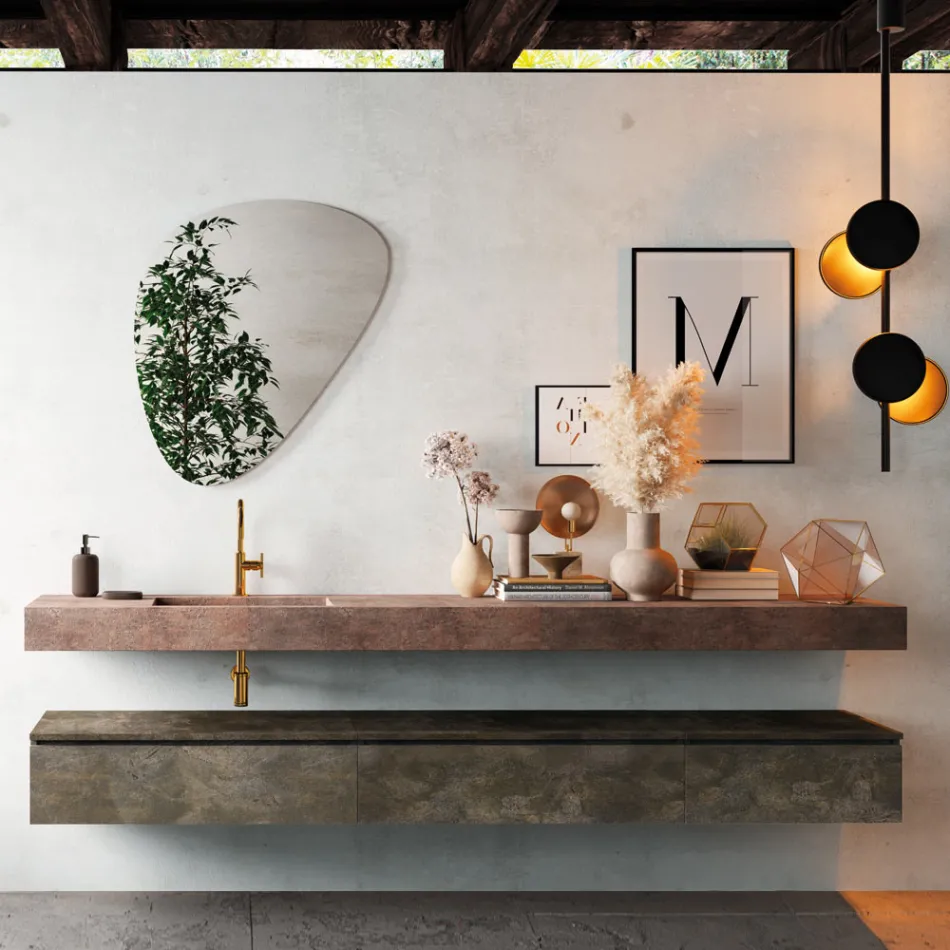 Badezimmerkomposition mit modernem Spiegel und Konsolenwaschbecken, hergestellt in Italien – Palom Viadurini