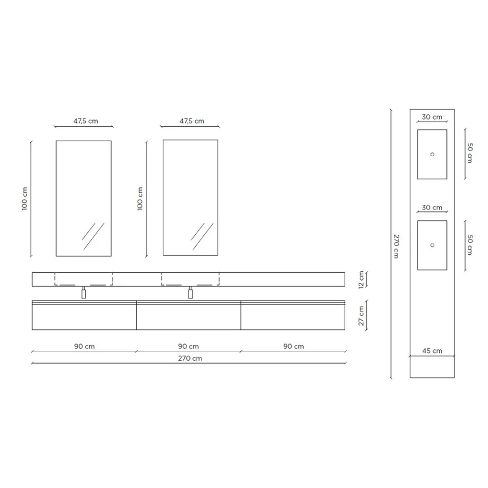 Doppelte Badezimmerkomposition mit rechteckigem Spiegel und Waschbecken, hergestellt in Italien – Palom Viadurini