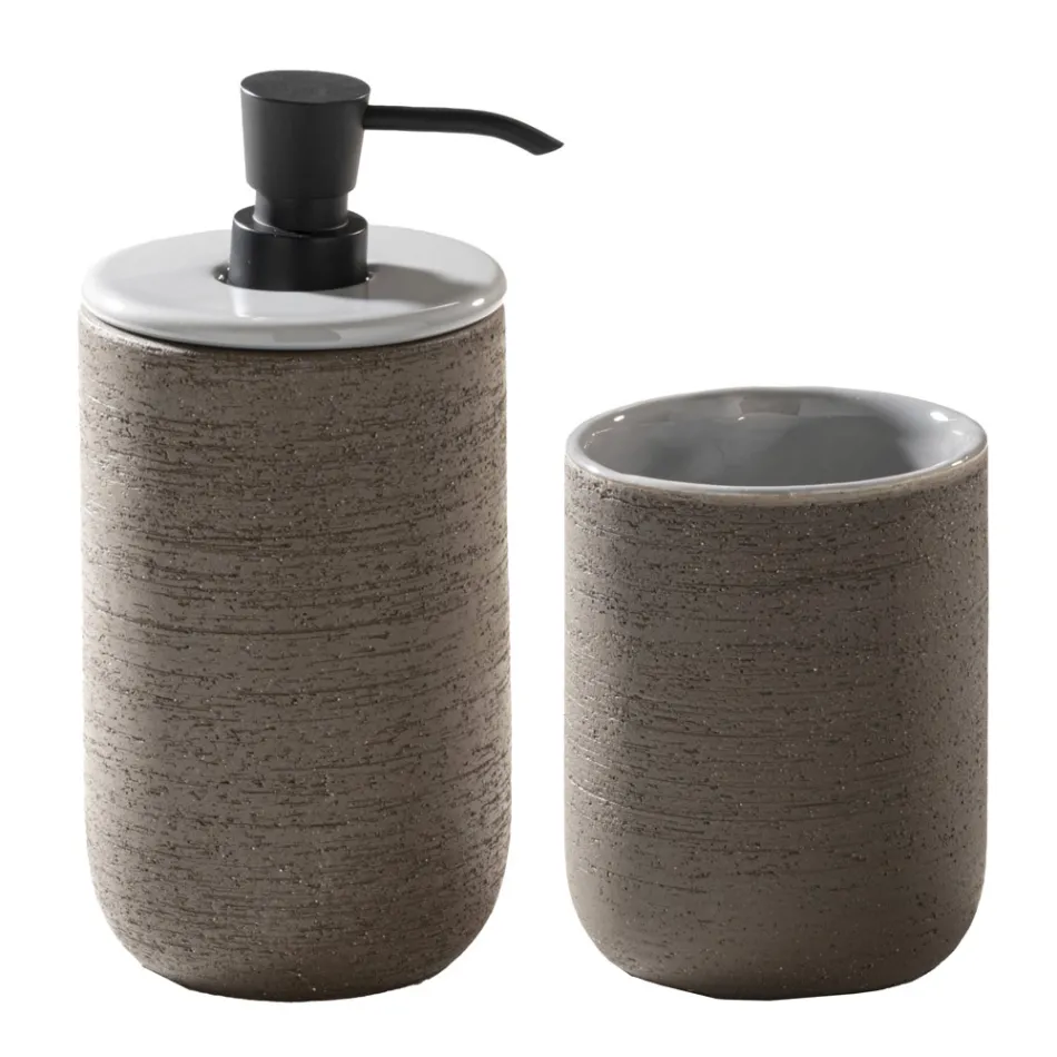 Graue Badezimmerkomposition mit Spiegel, Teakholzschrank und Zubehör - Patryk Viadurini