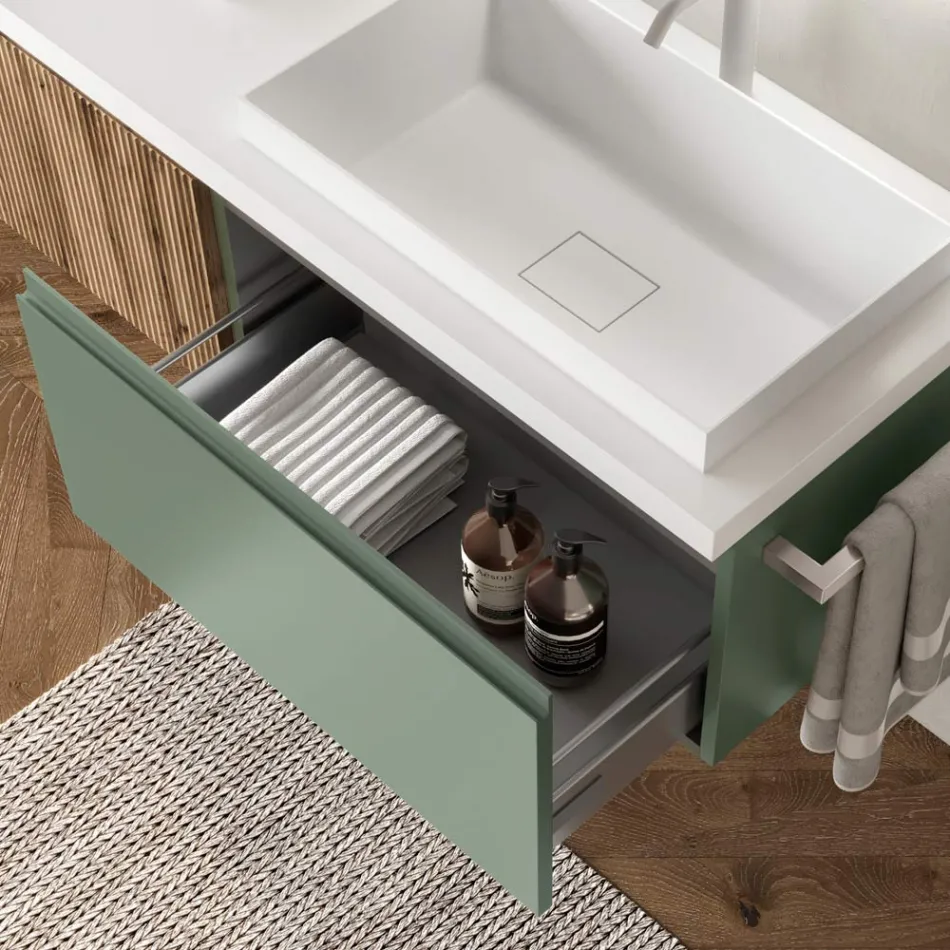 Badezimmerkomposition in Salbeigrün und Cannettato-Eiche, hergestellt in Italien – Uranus Viadurini