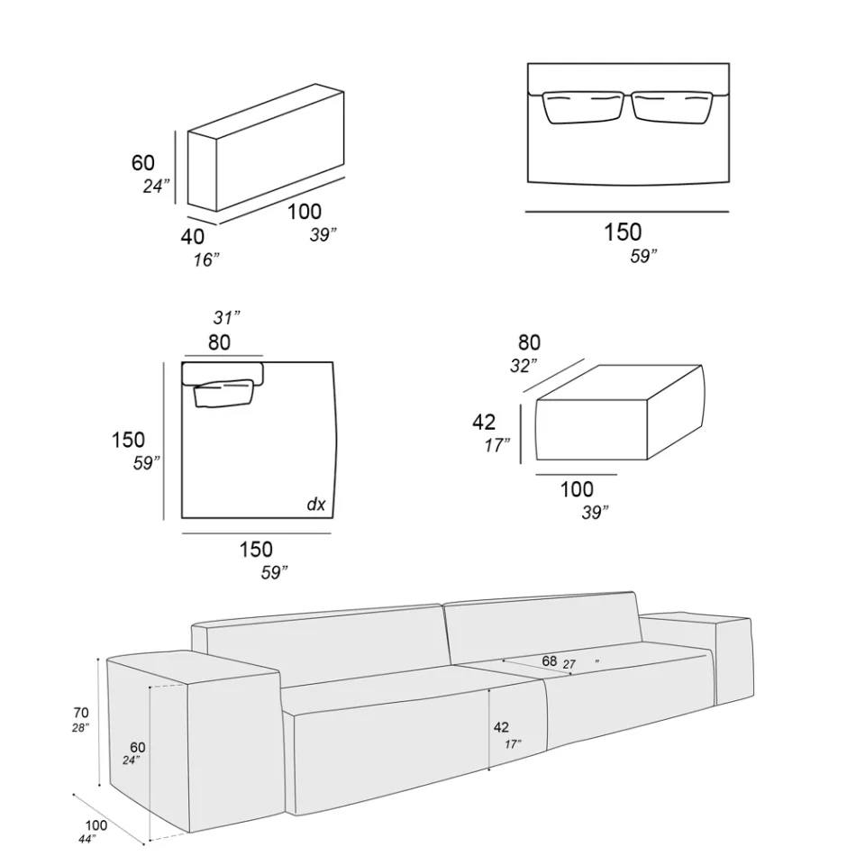 Zusammensetzung aus 1 Pouf mit Rückenlehne, 1 Pouf und 1 Halbinsel - Bizarre Viadurini