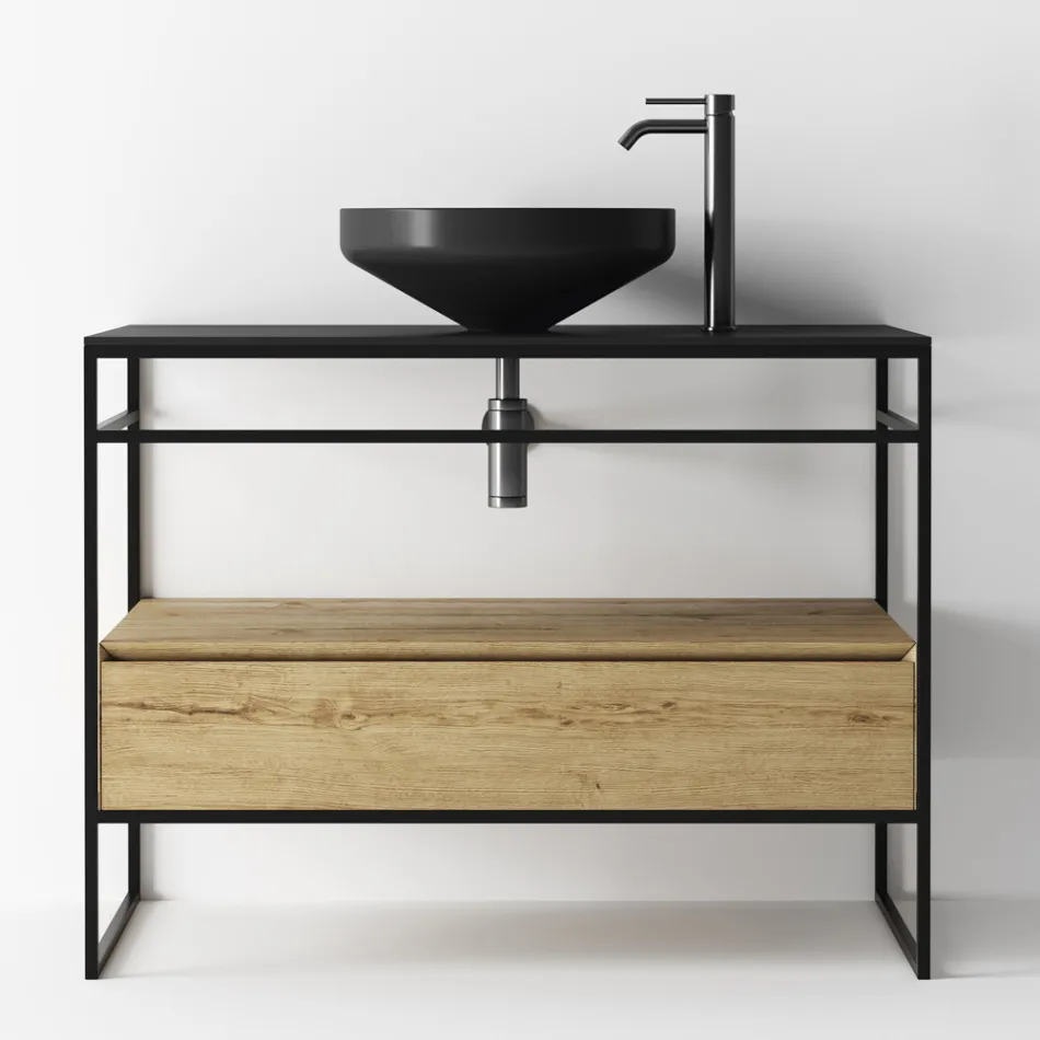 Badezimmerschrank-Komposition mit Waschbecken, Sockel und Spiegel Made in Italy - Hoscar Viadurini