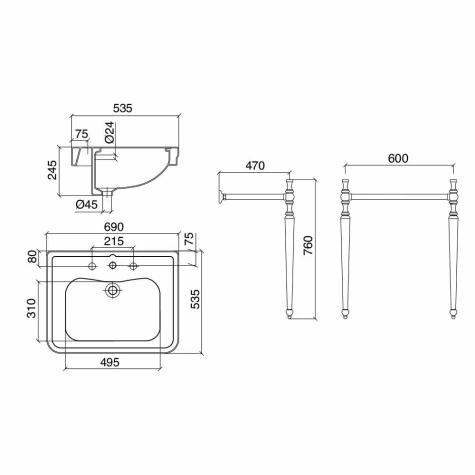 Badezimmerkonsole L69 cm auf den Füßen aus weißer Vintage-Keramik, hergestellt in Italien - Marwa Viadurini