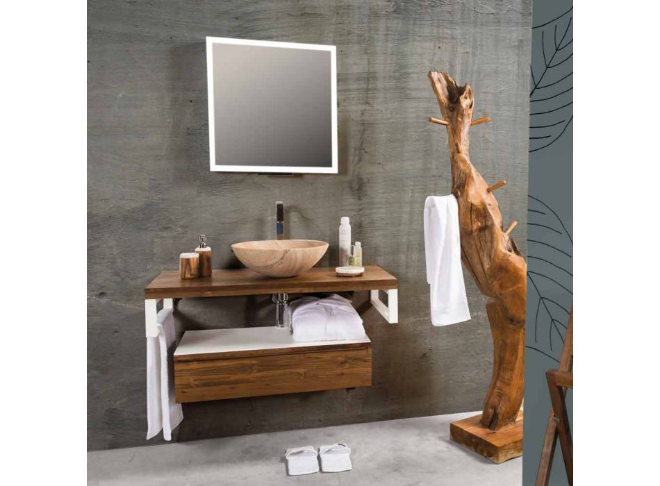 Hängende Badezimmerkonsole aus Teakholz und Hi Macs® mit Aufbewahrungsschublade - Rodolfo Viadurini