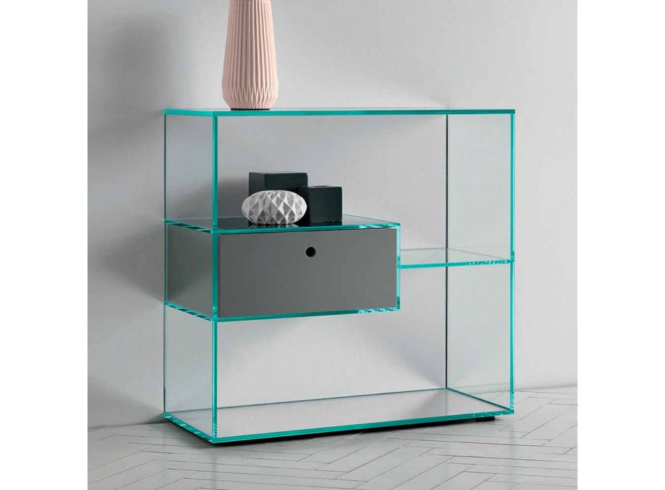 Konsole für Wandeingang aus extra klarem Glas mit lackierter Schublade - Linzy Viadurini