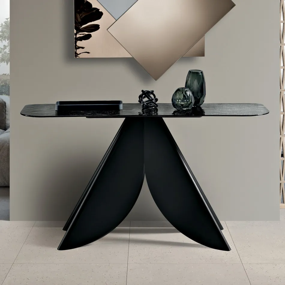 Wohnzimmer-Konsolentisch aus Metall mit rückseitig silberfarbener, gehämmerten Glasplatte - Cristina Viadurini