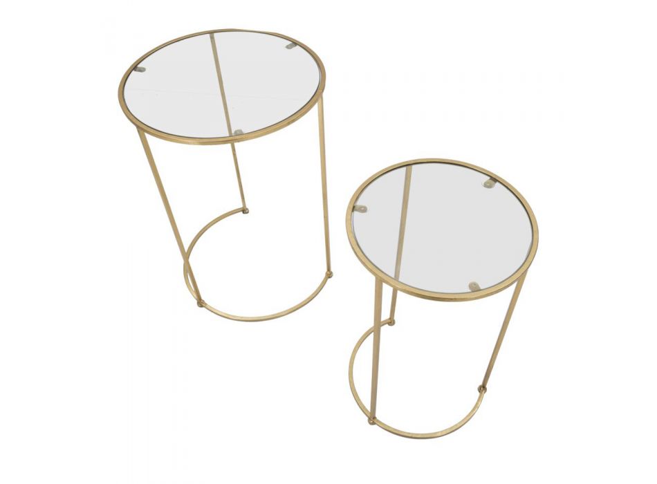 Paar runde Couchtische aus Glas und goldenem Eisen - Avola Viadurini