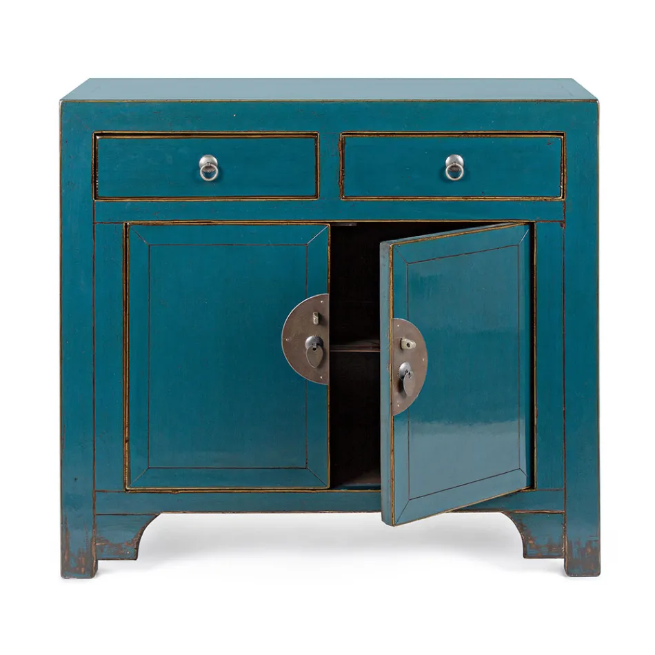 Niedriges Sideboard mit 2 Türen und 2 Schubladen aus blauem Ulmenholz Homemotion - Konan Viadurini