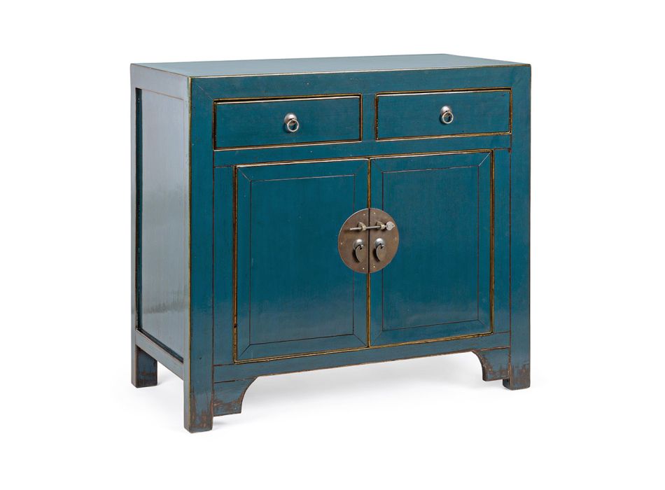 Niedriges Sideboard mit 2 Türen und 2 Schubladen aus blauem Ulmenholz Homemotion - Konan Viadurini
