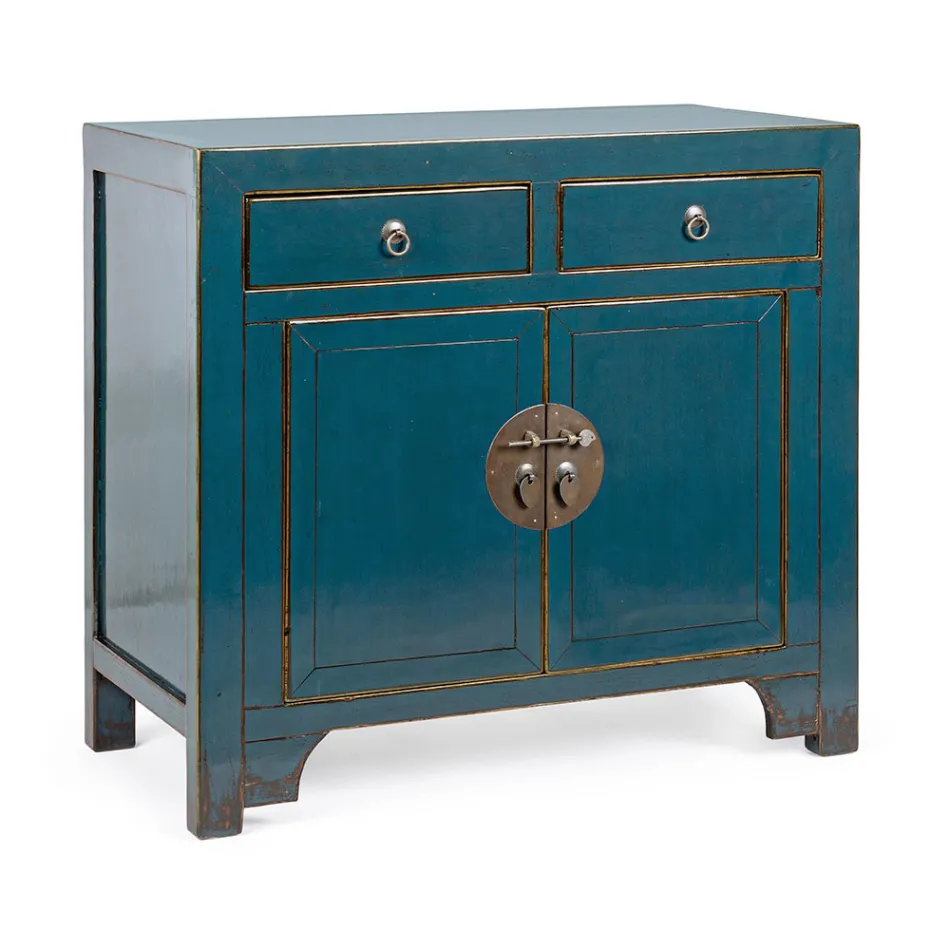 Niedriges Sideboard mit 2 Türen und 2 Schubladen aus blauem Ulmenholz Homemotion - Konan Viadurini