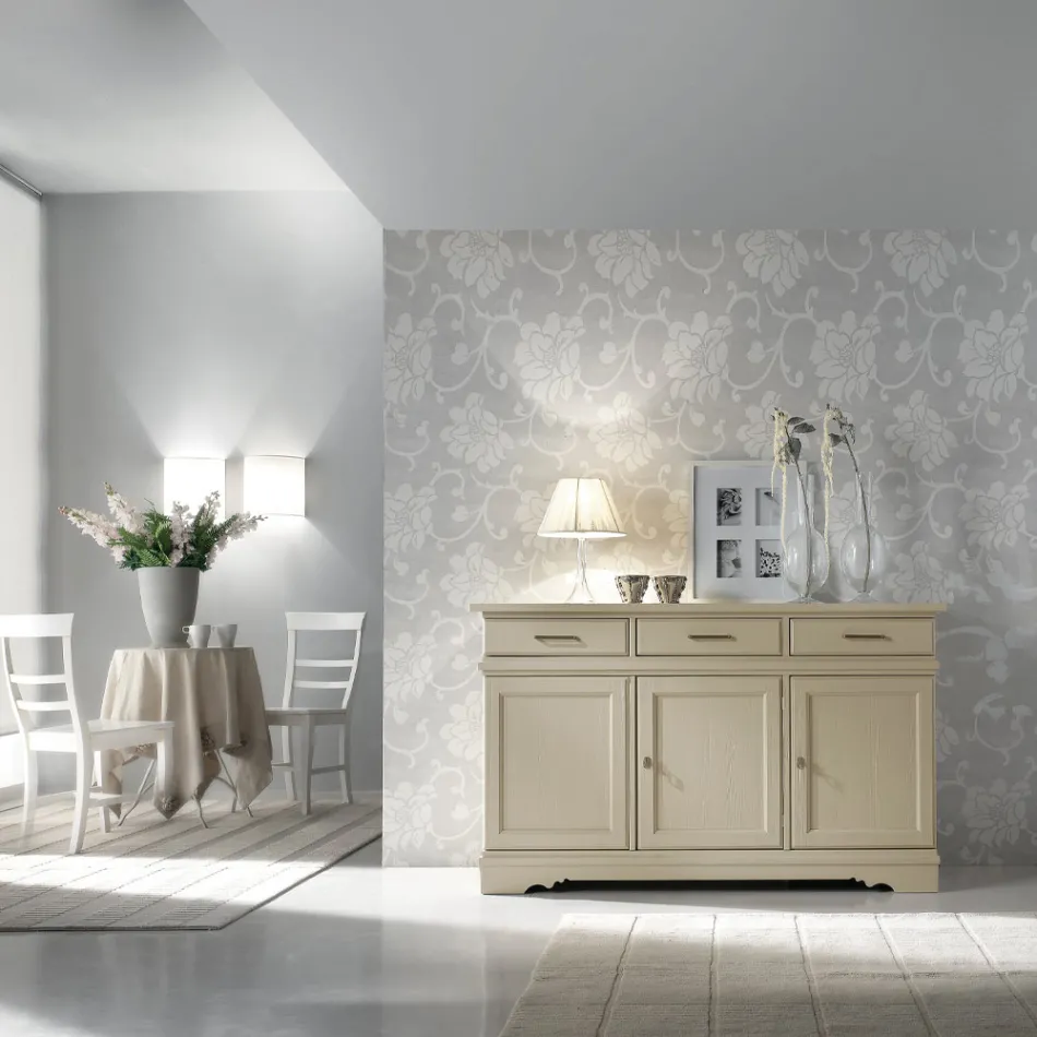 Sideboard mit 3 Türen und 3 Schubladen aus patiniertem Elfenbein, hergestellt in Italien – Gleti Viadurini