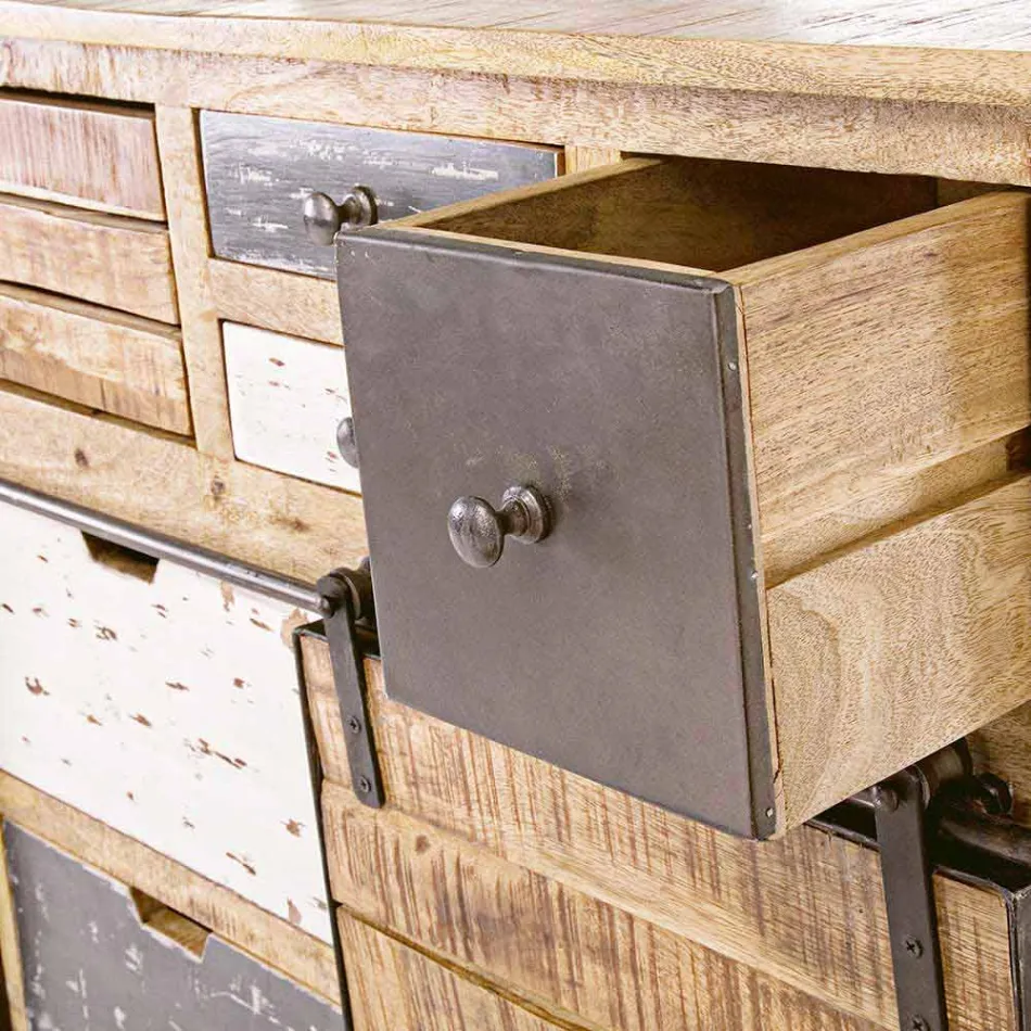 Sideboard mit Struktur aus Mangoholz und Stahl im Industriestil - Vidia Viadurini