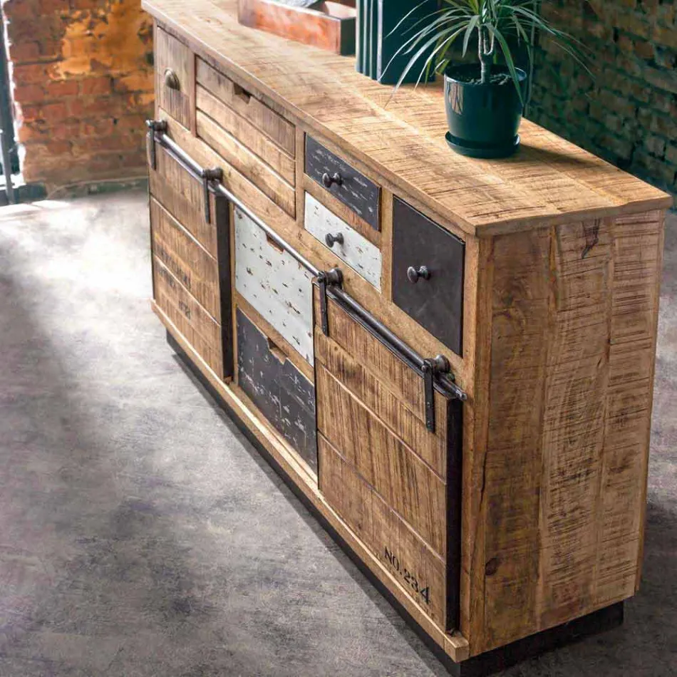 Sideboard mit Struktur aus Mangoholz und Stahl im Industriestil - Vidia Viadurini