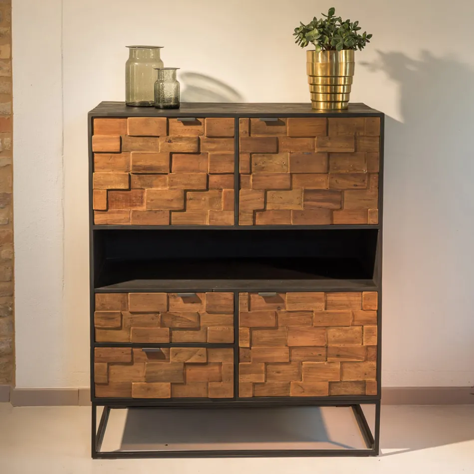 Indoor-Sideboard aus recyceltem Patchwork-Holz und Metallbasis - Slide Viadurini