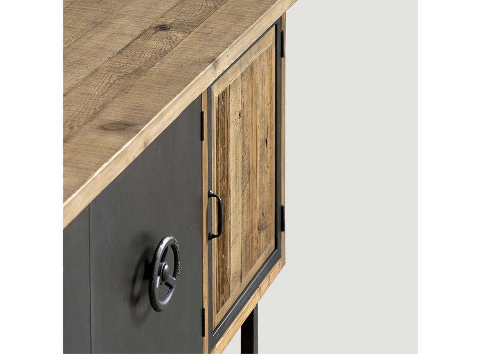 Altes Holz-Sideboard, natürliches Finish mit Metallverkleidung und Sockel – Jessy Viadurini