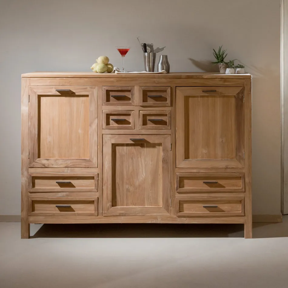 Sideboard aus massivem Teakholz mit 3 Türen und 8 Schubladen - Quan Viadurini