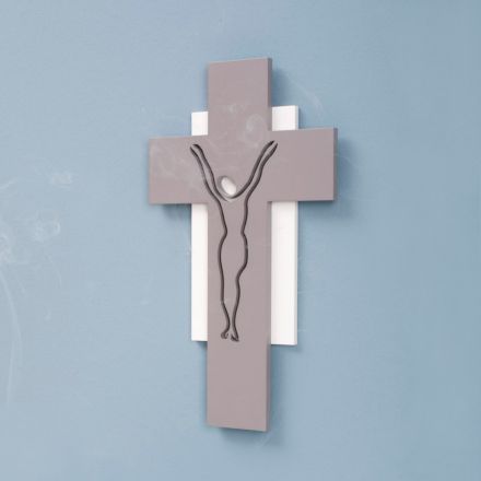 Weißes und graues Kruzifix, hergestellt mit Lasergravur, hergestellt in Italien – Nadia Viadurini