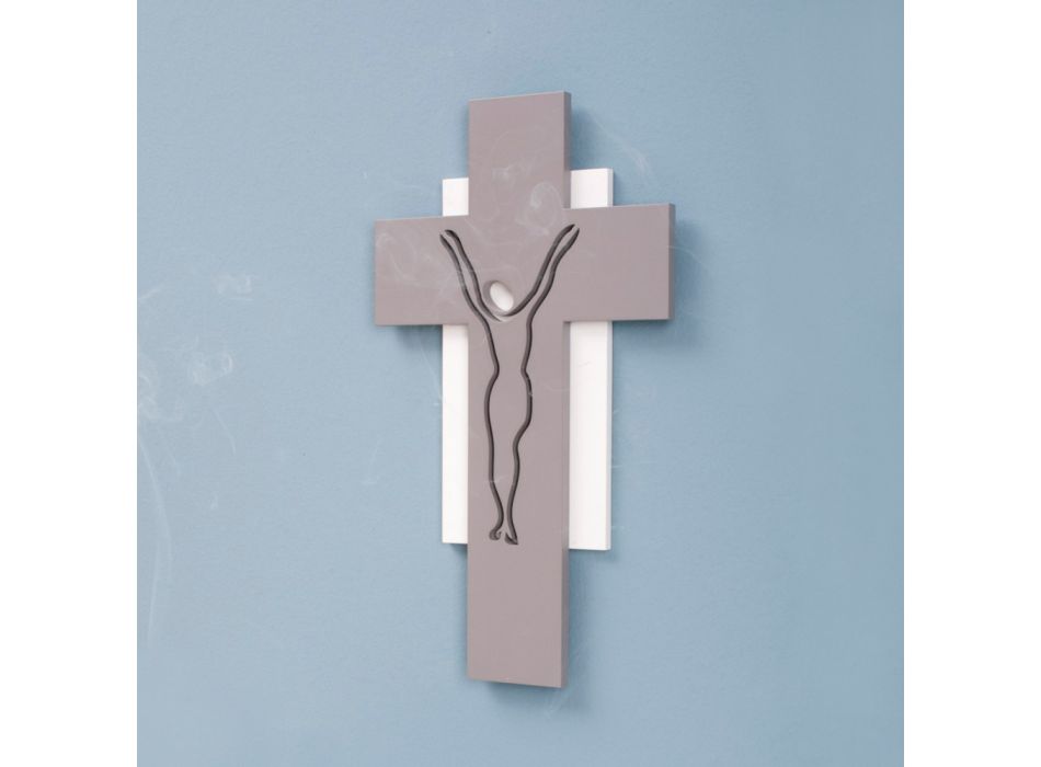 Weißes und graues Kruzifix, hergestellt mit Lasergravur, hergestellt in Italien – Nadia Viadurini
