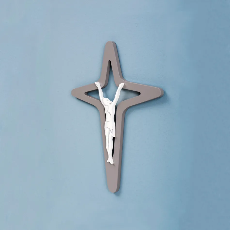 Weißes und graues Christo-Kruzifix mit Lasergravur, hergestellt in Italien – Teresa Viadurini