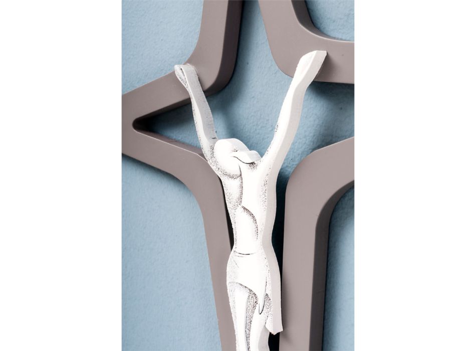 Weißes und graues Christo-Kruzifix mit Lasergravur, hergestellt in Italien – Teresa Viadurini