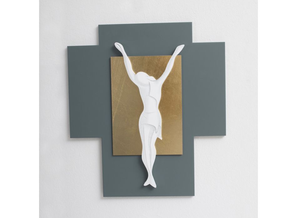 Lasergraviertes Kruzifix aus Kies und Blattgold, hergestellt in Italien – Cornelia Viadurini
