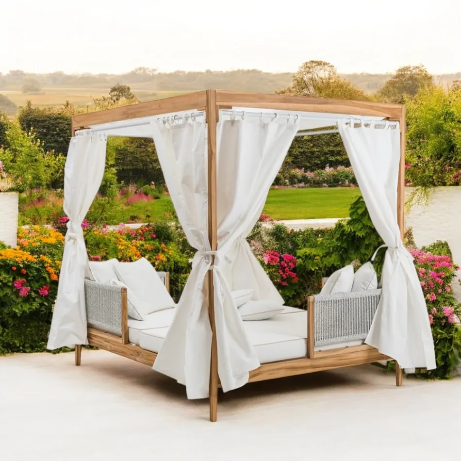 Outdoor-Tagesbett aus Teakholz und Seilweberei - Arjuna Viadurini