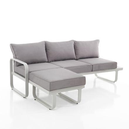 3-Sitzer-Sofa mit Aluminium-Gartenhocker und grauen Kissen – Avoir Viadurini