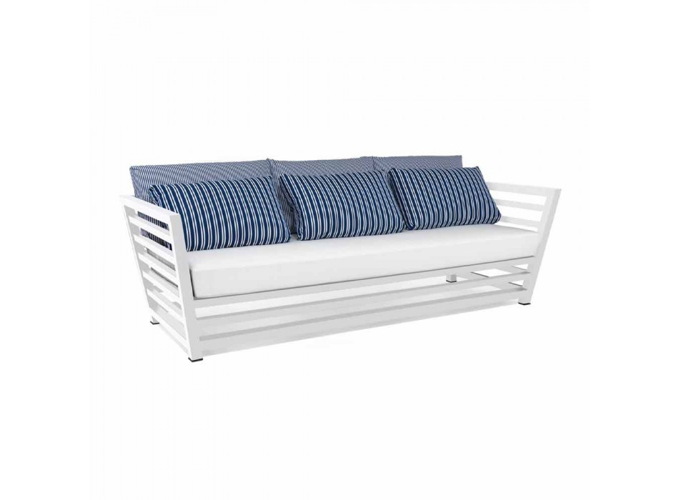 3-Sitzer-Outdoor-Sofa aus weißem oder schwarzem Aluminium und blauen Kissen - Cynthia