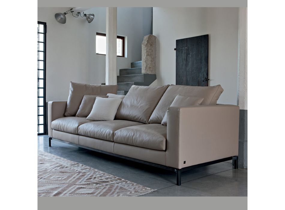 3-Sitzer-Wohnzimmersofa aus Leder, Holz und Metall Made in Italy - Bizzarro Viadurini