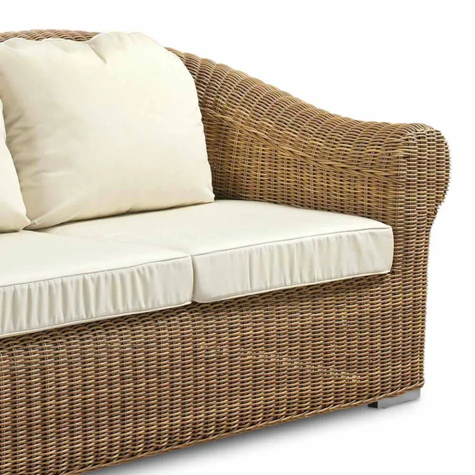 3-Sitzer-Sofa im Freien aus synthetischem Rattan und weißem oder Ecru-Stoff - Yves Viadurini