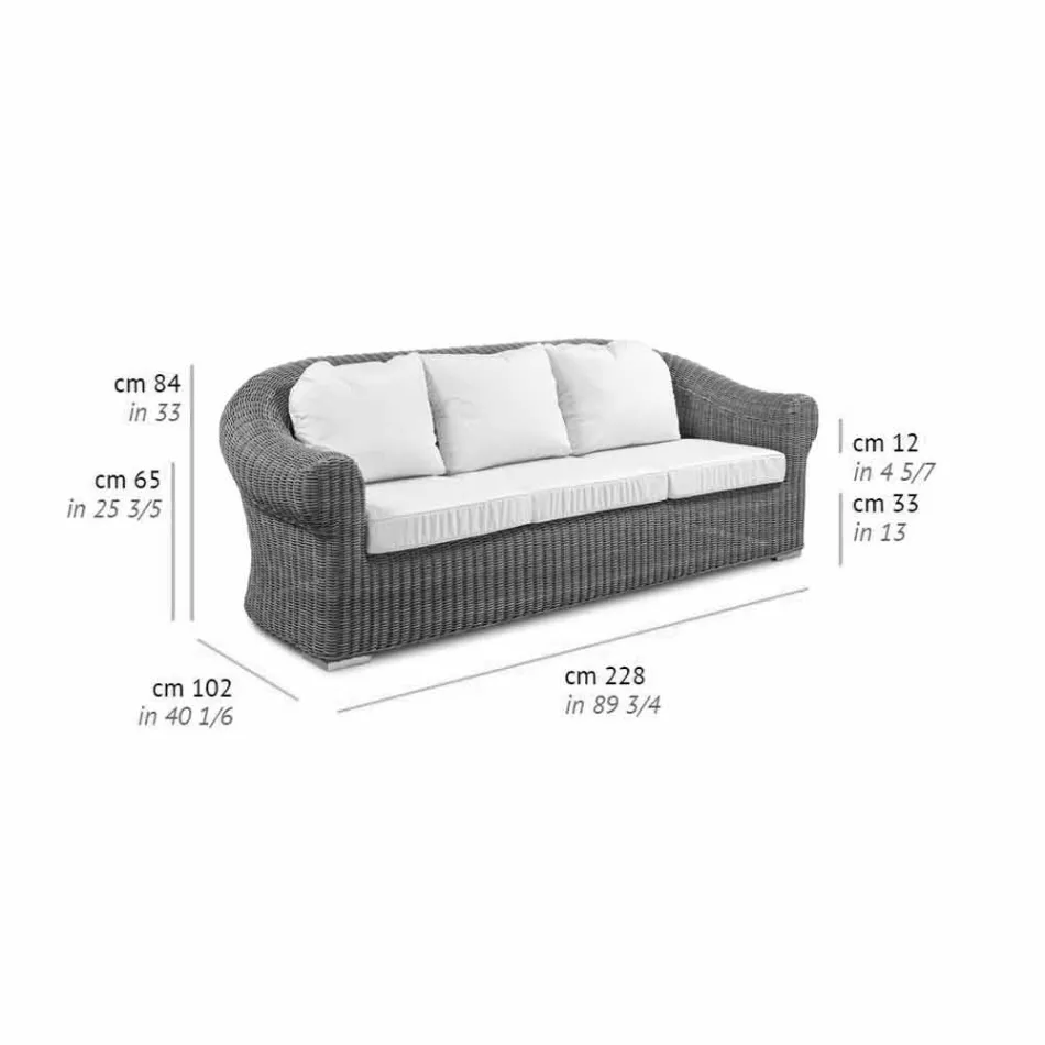3-Sitzer-Sofa im Freien aus synthetischem Rattan und weißem oder Ecru-Stoff - Yves Viadurini