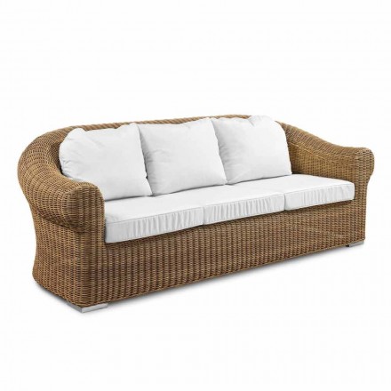 3-Sitzer-Sofa im Freien aus synthetischem Rattan und weißem oder Ecru-Stoff - Yves Viadurini