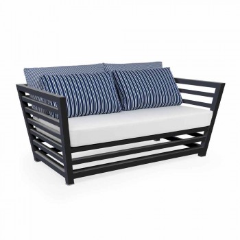 2-Sitzer-Gartensofa aus weißem oder schwarzem Aluminium und blauen Kissen - Cynthia