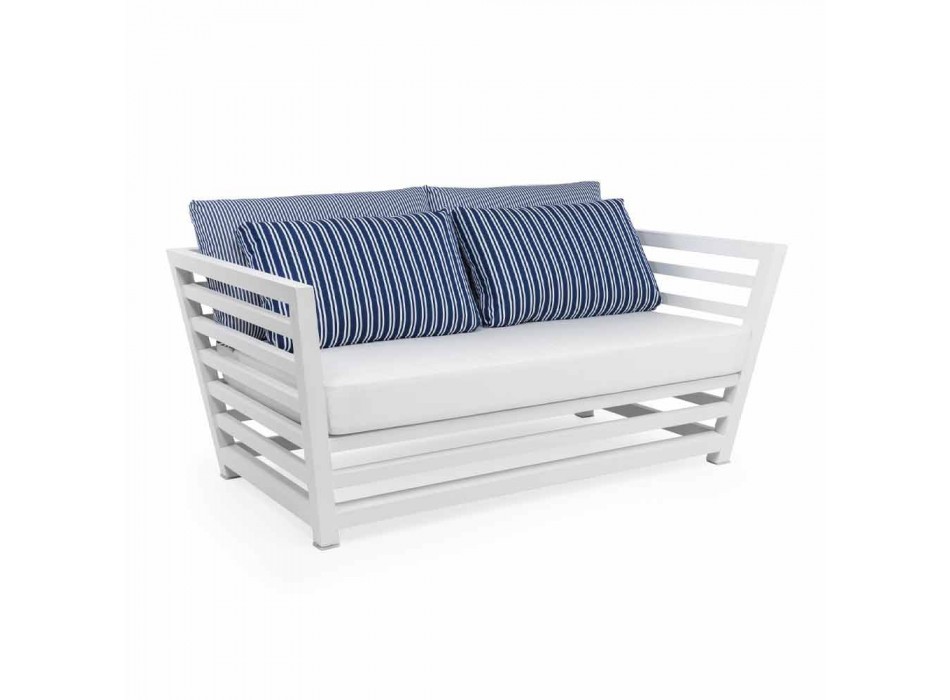 2-Sitzer-Gartensofa aus weißem oder schwarzem Aluminium und blauen Kissen - Cynthia
