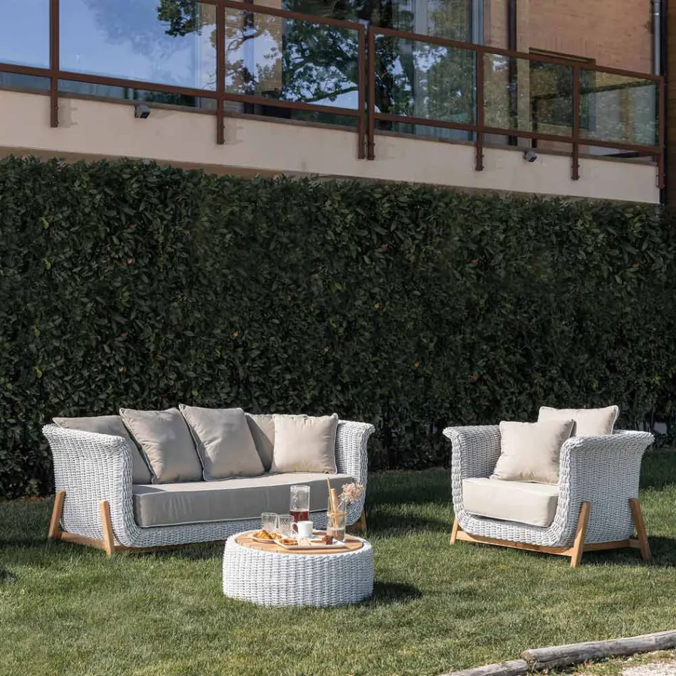 3-Sitzer-Gartensofa aus Teakholz und Seilgeflecht - Arjuna Viadurini
