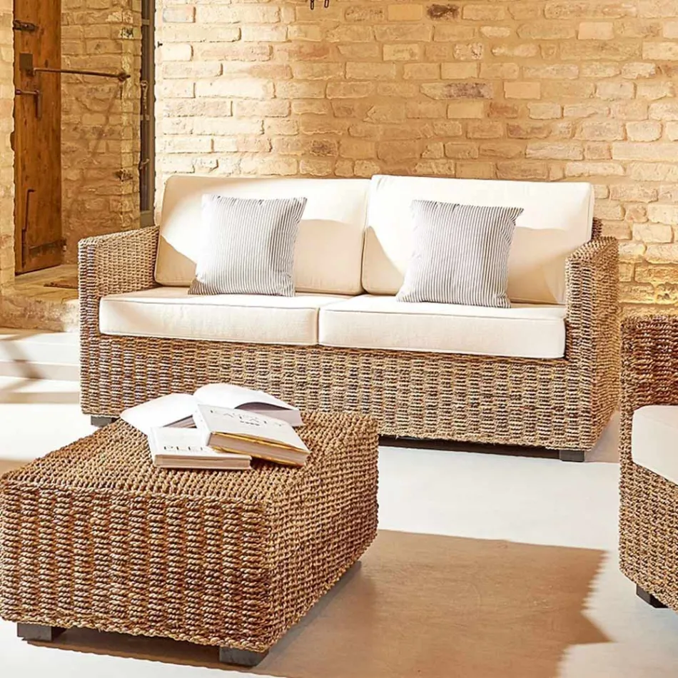 Gartensofa in verschiedenen Größen in Abaca mit Kissen - Raziel Viadurini