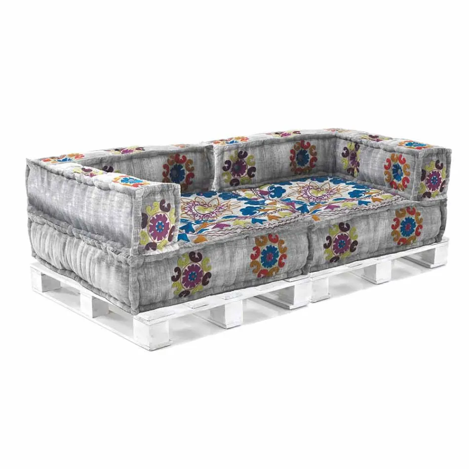 Gepolstertes Zweisitzer-Ethnosofa aus Patchworkstoff und Holzfaser Viadurini