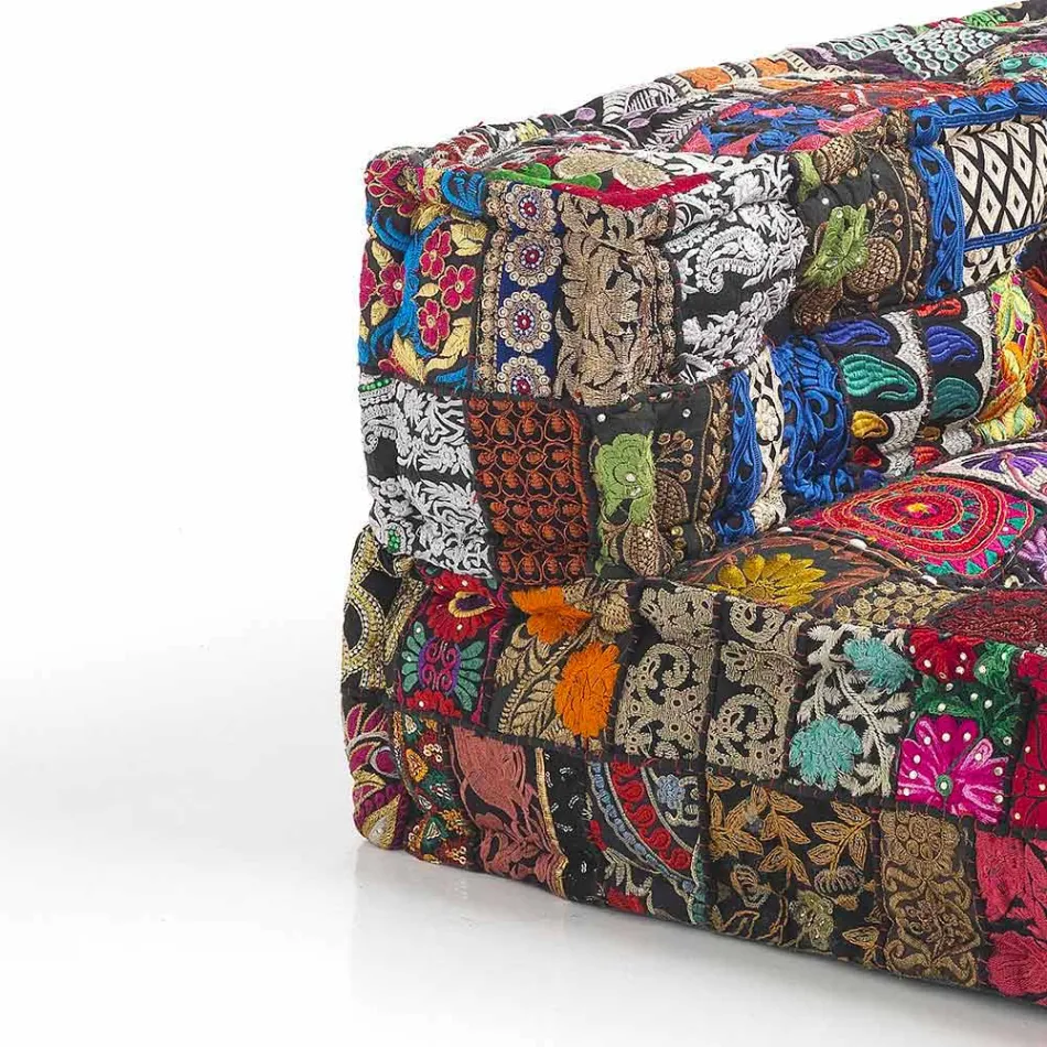 Gepolstertes Zweisitzer-Ethnosofa aus Patchworkstoff und Holzfaser Viadurini