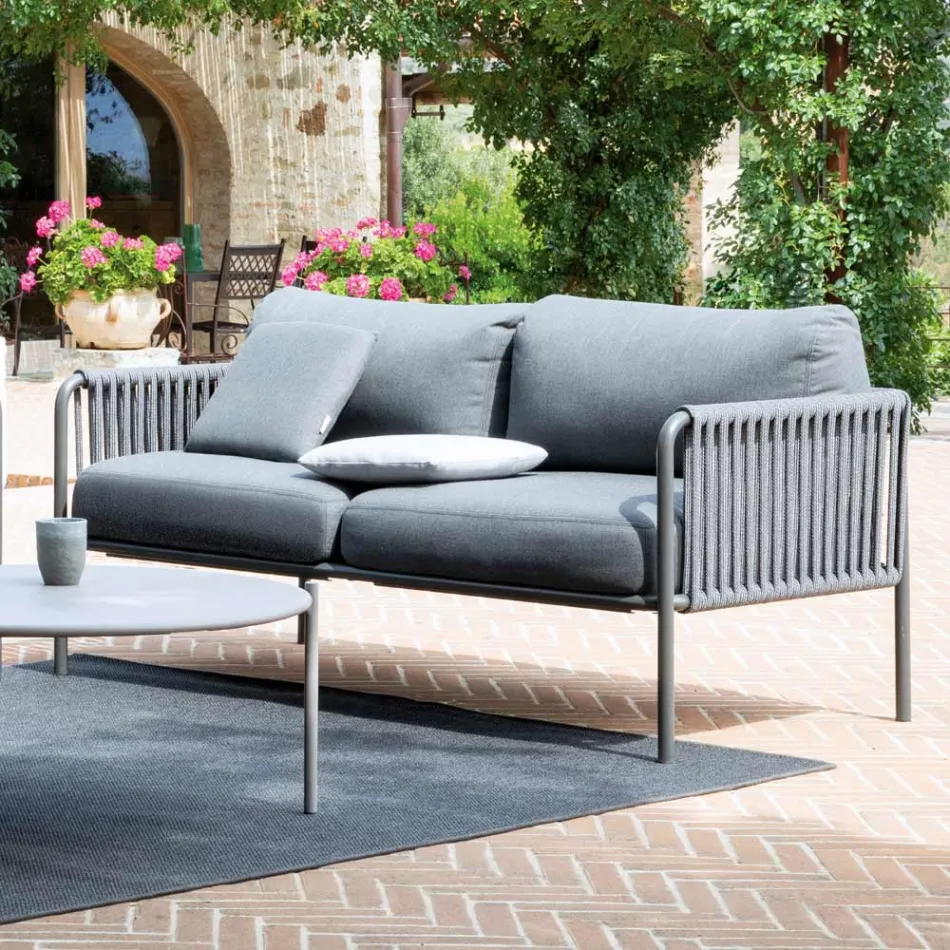 Outdoor-Sofa aus Stahl und Seil in verschiedenen Größen mit Kissen Made in Italy - Helga Viadurini