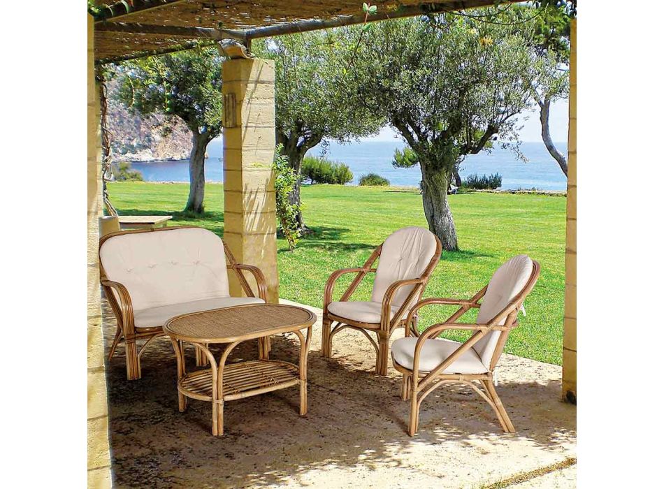 2-Sitzer-Außensofa für den Garten mit weißen Rattankissen – Maurizia Viadurini