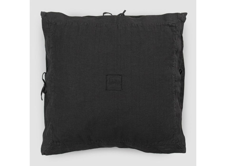 Quadratischer Kissenbezug aus schwarzem, schwerem Leinen und Spitzen, hergestellt in Italien – Matero Viadurini