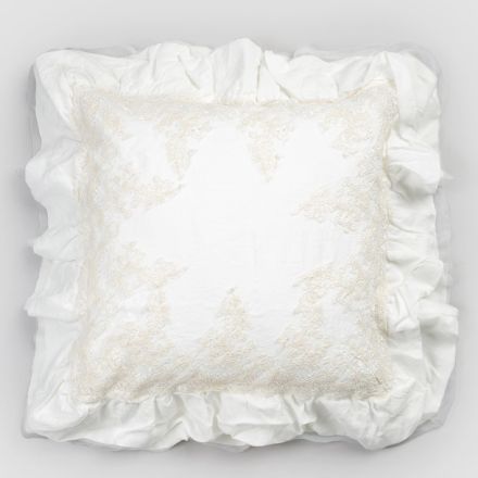 Quadratischer Kissenbezug aus weißem Leinen mit dekorativer Spitze an den Kanten und Volants - Priscilla Viadurini