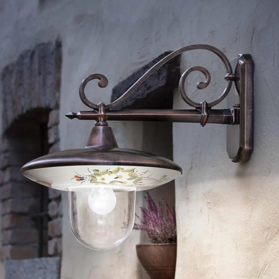 Garten-Wandlampe aus schwarzem Aluminium, handbemalte Blumen - Latein Viadurini
